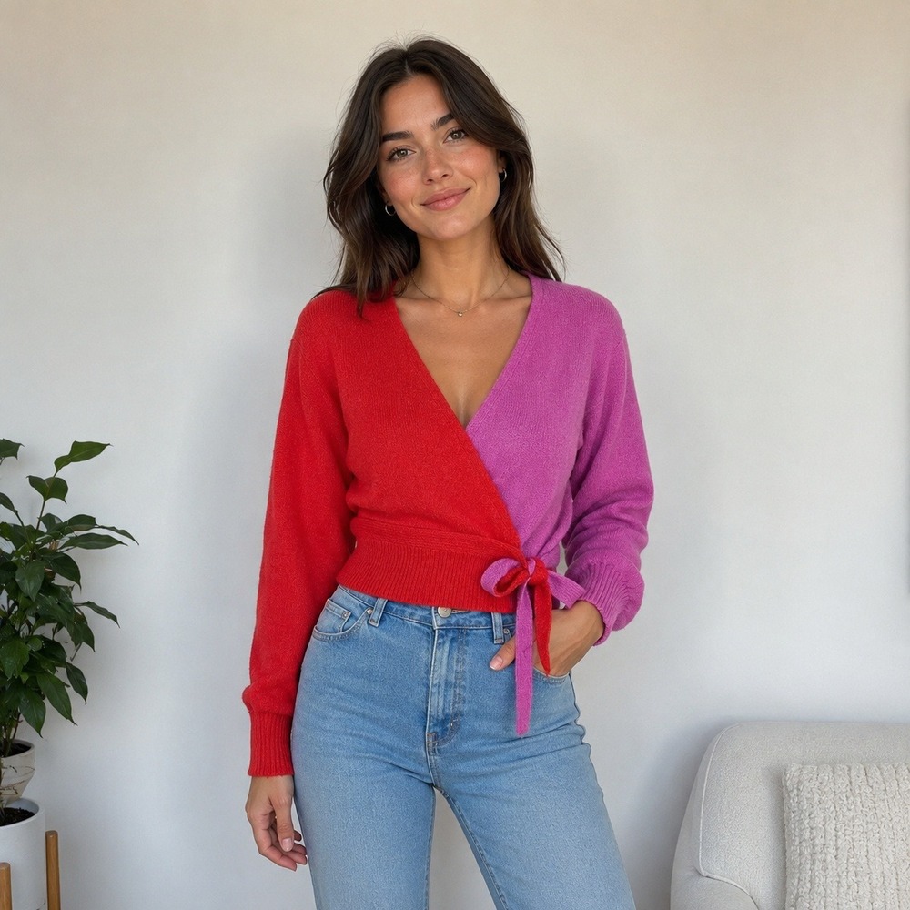 Lulus Wrap Sweater Women XS Pink Red Colorblock Balloon Sleeve Knit Colorful‎
